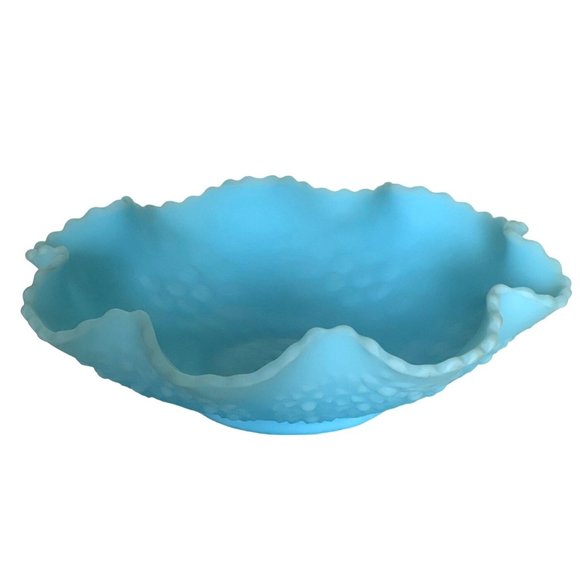 Fenton Bowl Blue Satin Cherry Chain and Orange Tree Vintage Art Glass 10" x 3" - Picture 7 of 7